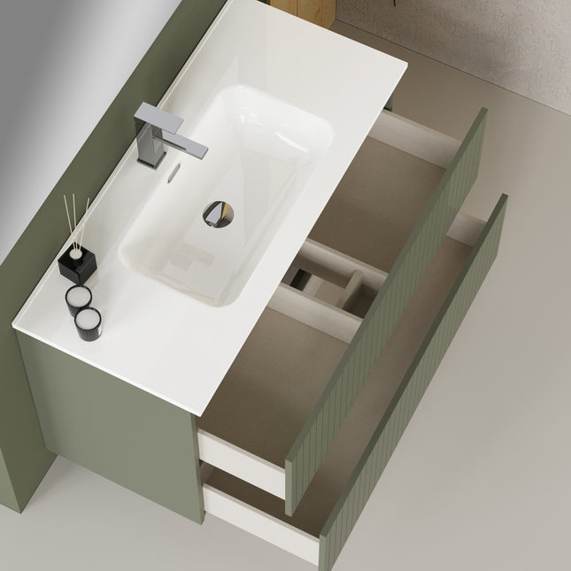 Luxe Muscat Sage Fluted Double Drawer Wall Hung Vanity Unit Including Basin 1000mm x 390mm