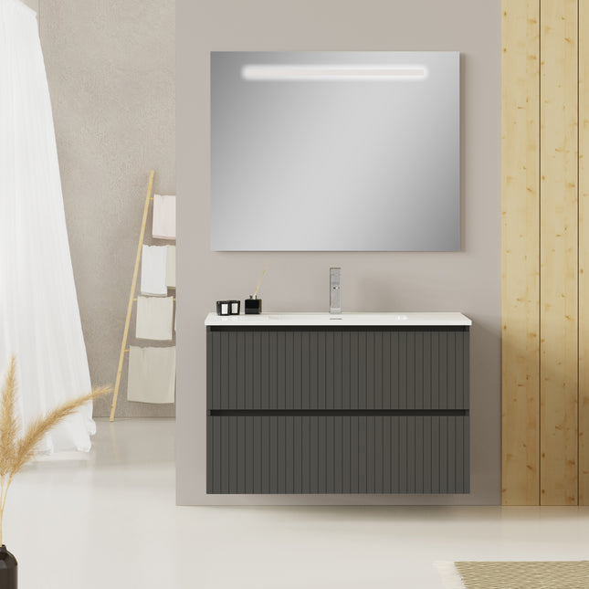Luxe Matt Grey Fluted Double Drawer Wall Hung Vanity Unit Including Basin 1000mm x 390mm