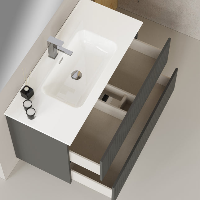 Luxe Matt Grey Fluted Double Drawer Wall Hung Vanity Unit Including Basin 1000mm x 460mm