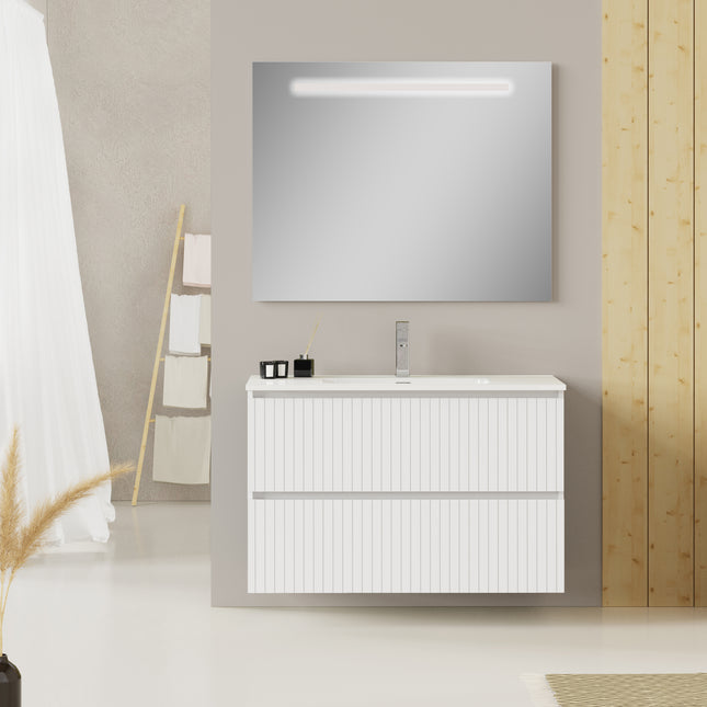Luxe Matt White Fluted Double Drawer Wall Hung Vanity Unit Including Basin 1000mm x 390mm
