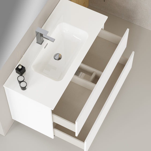 Luxe Matt White Fluted Double Drawer Wall Hung Vanity Unit Including Basin 1000mm x 460mm