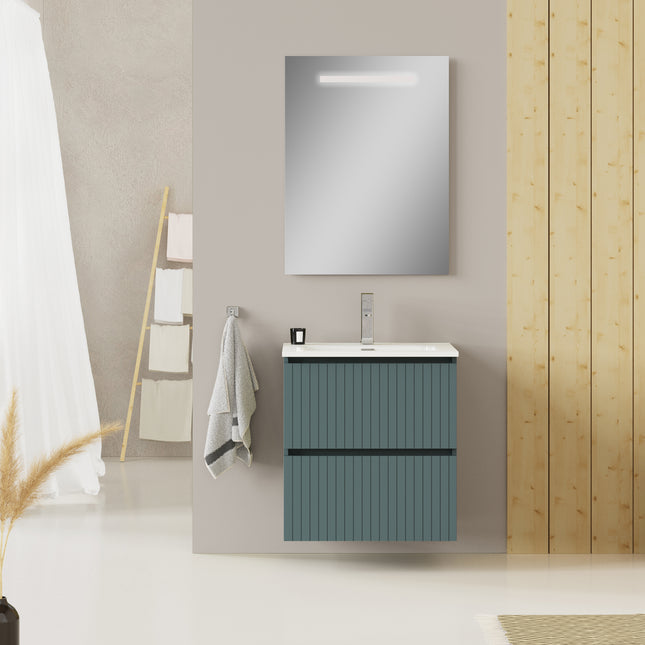 Luxe Ocean Blue Fluted Double Drawer Wall Hung Vanity Unit Including Basin 600mm x 390mm