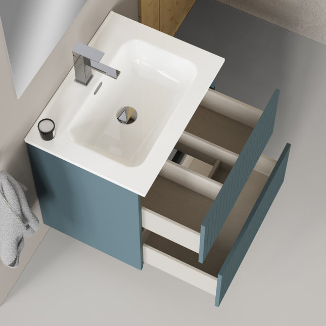 Luxe Ocean Blue Fluted Double Drawer Wall Hung Vanity Unit Including Basin 600mm x 390mm