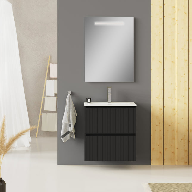 Luxe Matt Black Fluted Double Drawer Wall Hung Vanity Unit Including Basin 600mm x 460mm
