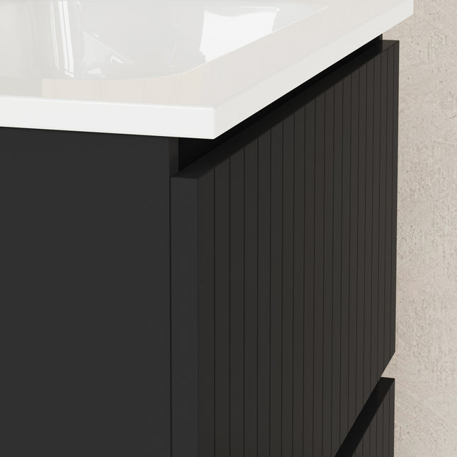 Luxe Matt Black Fluted Double Drawer Wall Hung Vanity Unit Including Basin 600mm x 390mm