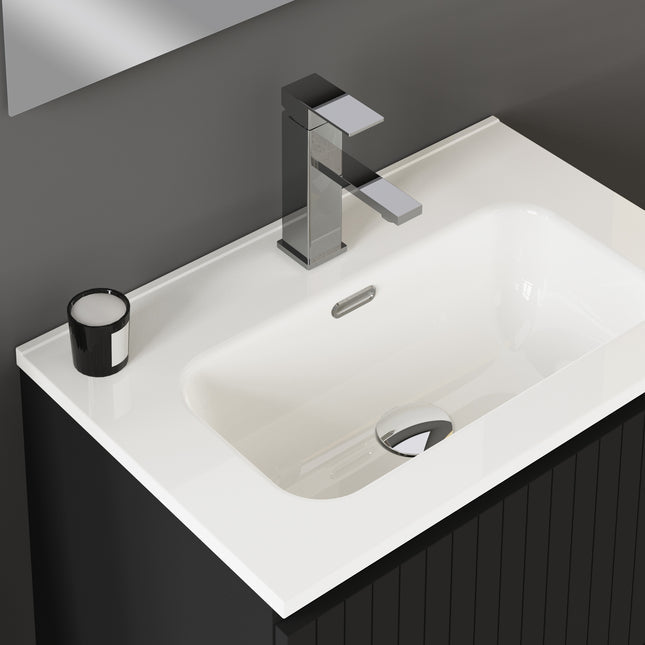 Luxe Matt Black Fluted Double Drawer Wall Hung Vanity Unit Including Basin 600mm x 460mm