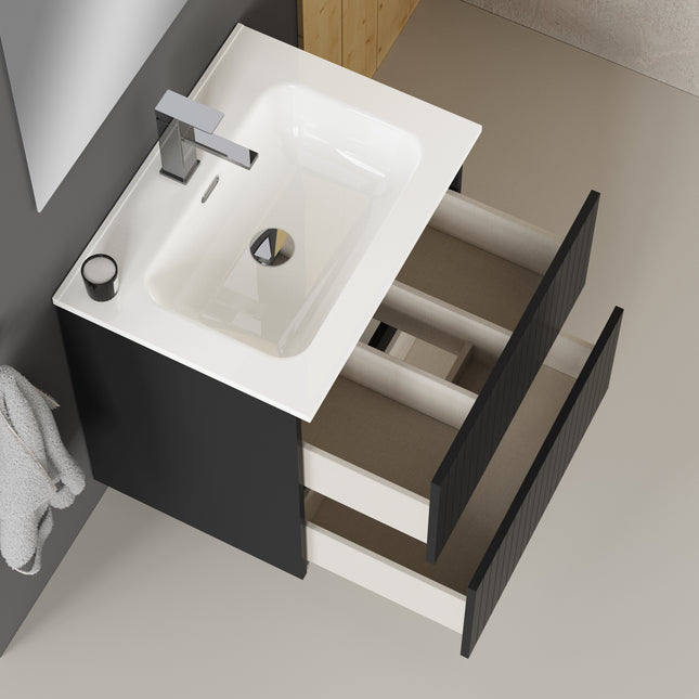 Luxe Matt Black Fluted Double Drawer Wall Hung Vanity Unit Including Basin 600mm x 390mm