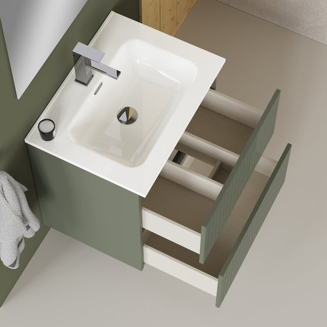Luxe Muscat Sage Fluted Double Drawer Wall Hung Vanity Unit Including Basin 600mm x 390mm