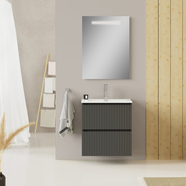 Luxe Matt Grey Fluted Double Drawer Wall Hung Vanity Unit Including Basin 600mm x 460mm