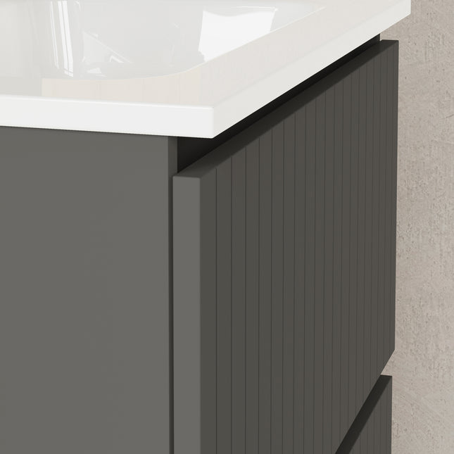 Luxe Matt Grey Fluted Double Drawer Wall Hung Vanity Unit Including Basin 600mm x 390mm