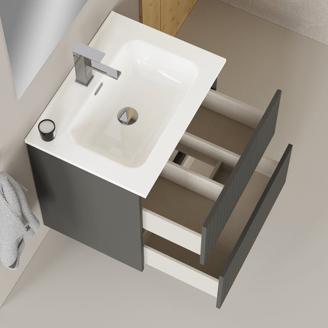 Luxe Matt Grey Fluted Double Drawer Wall Hung Vanity Unit Including Basin 600mm x 460mm