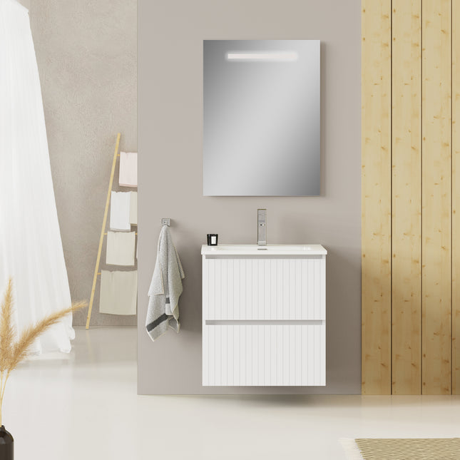 Luxe Matt White Fluted Double Drawer Wall Hung Vanity Unit Including Basin 600mm x 390mm