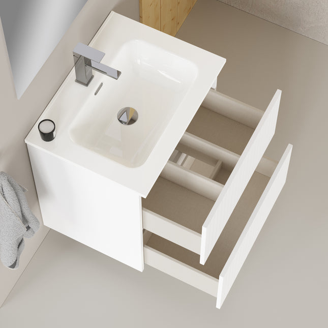 Luxe Matt White Fluted Double Drawer Wall Hung Vanity Unit Including Basin 600mm x 460mm