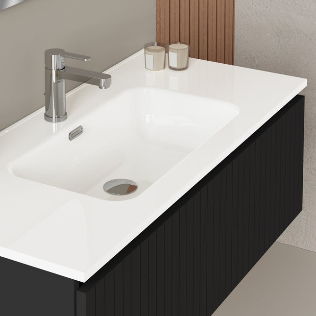 Luxe Matt Black Fluted Wall Hung Vanity Unit Including Basin 1000mm x 390mm