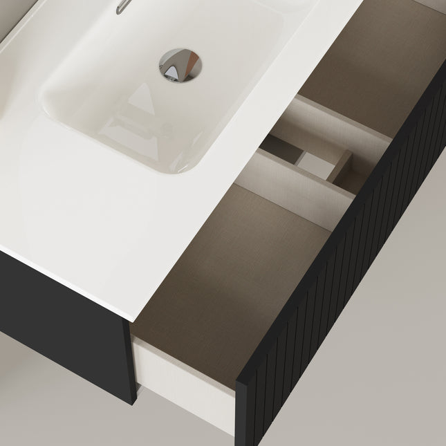 Luxe Matt Black Fluted Wall Hung Vanity Unit Including Basin 1000mm x 460mm