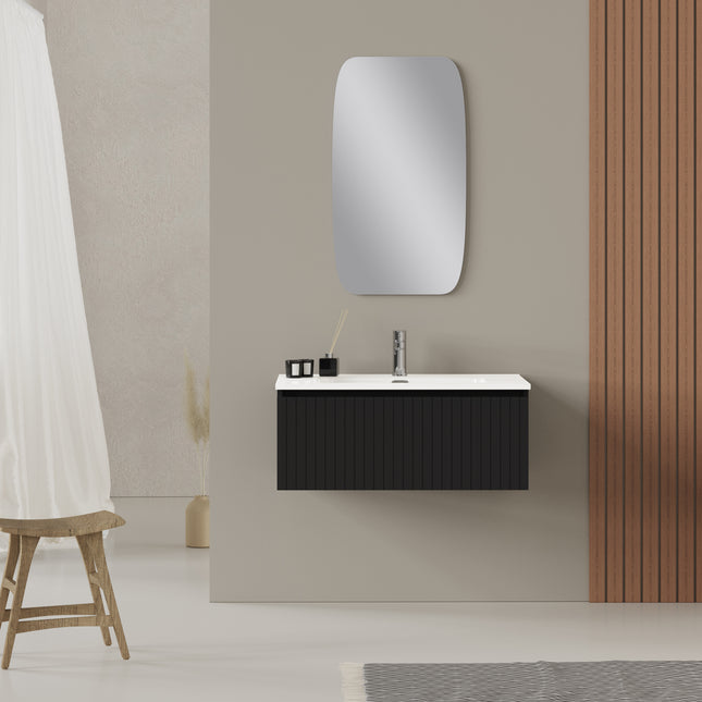 Luxe Matt Black Fluted Wall Hung Vanity Unit Including Basin 800mm x 460mm