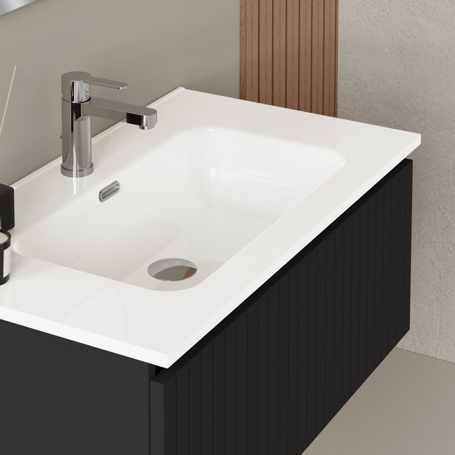 Luxe Matt Black Fluted Wall Hung Vanity Unit Including Basin 800mm x 460mm
