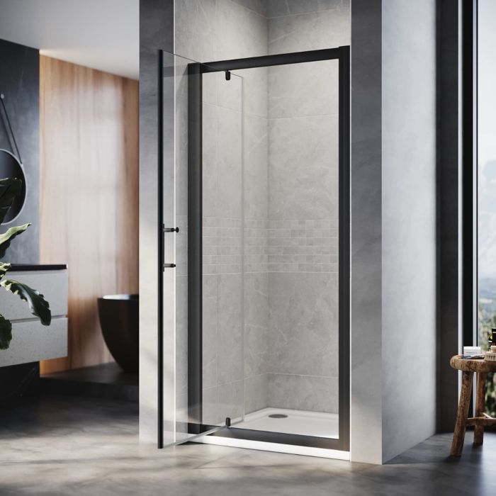 NILE 900mm Black Pivot Hinge Shower Enclosure 6mm Glass Reversible Cubicle Door