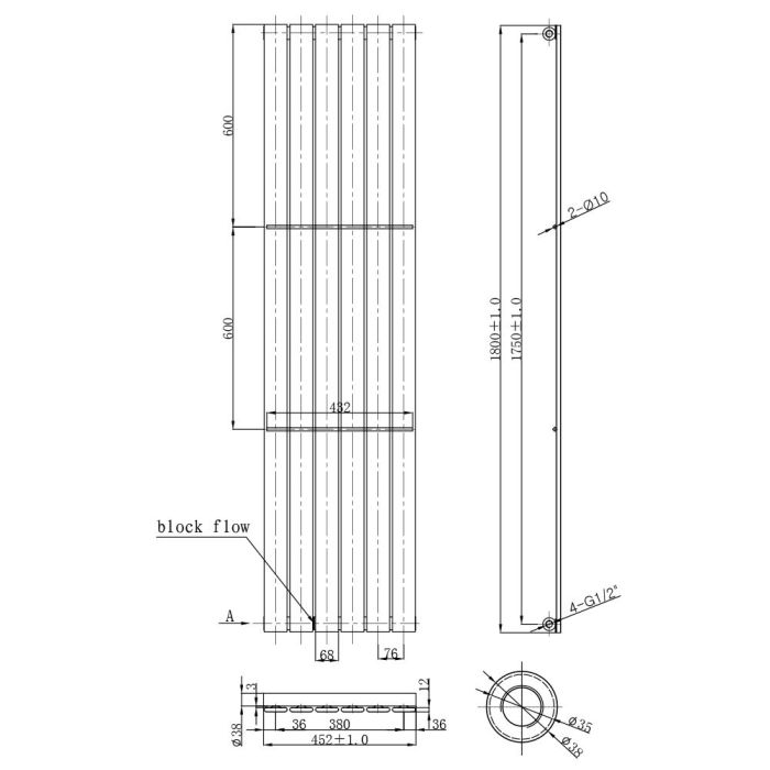 NILE 1800x452mm Designer Chrome Vertical Flat Panel Column Radiator