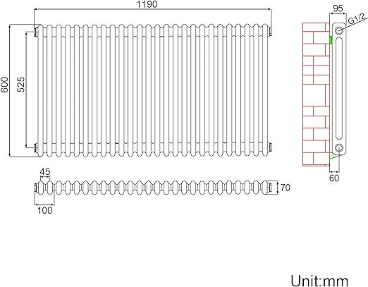 NILE Traditional Radiator 600 x 1190 mm Black 2 Column Cast Iron Style Radiator Central Heating Radiator