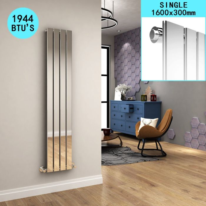 NILE 1600x300mm Designer Chrome Vertical Flat Panel Column Radiator