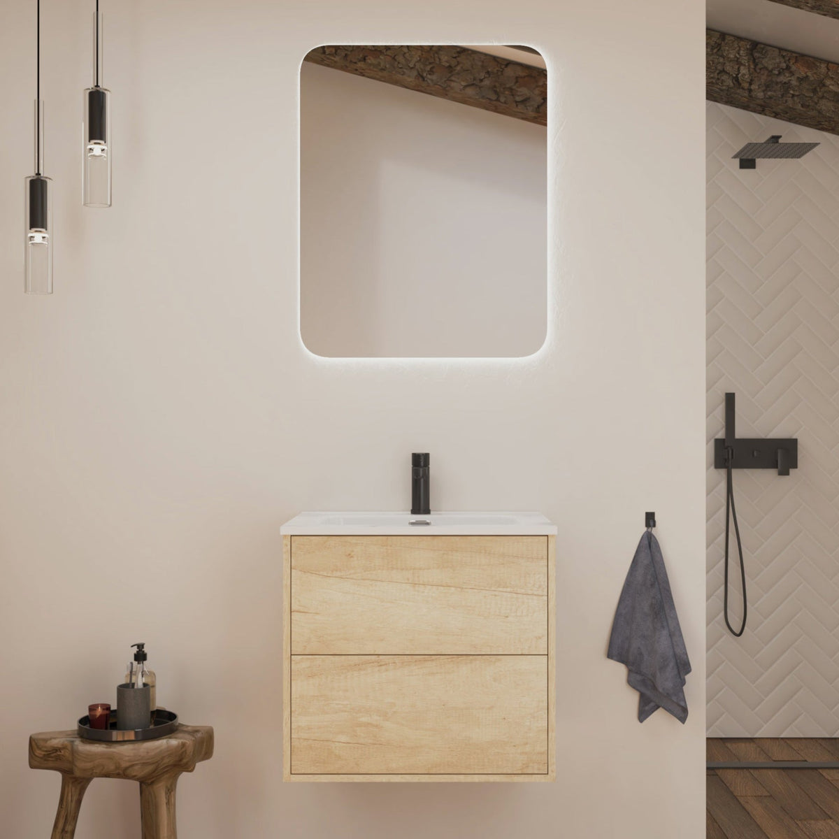 Optimus Noir 600mm Wall Hung Vanity Unit + Basin - Natural Oak