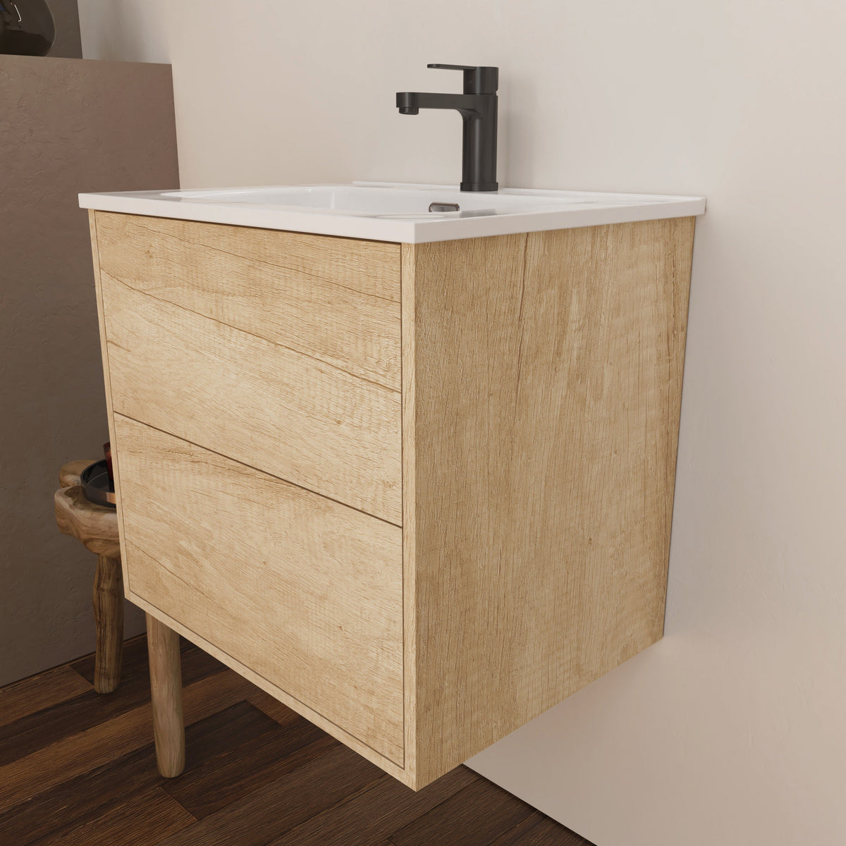 Optimus Noir 600mm Wall Hung Vanity Unit + Basin - Natural Oak