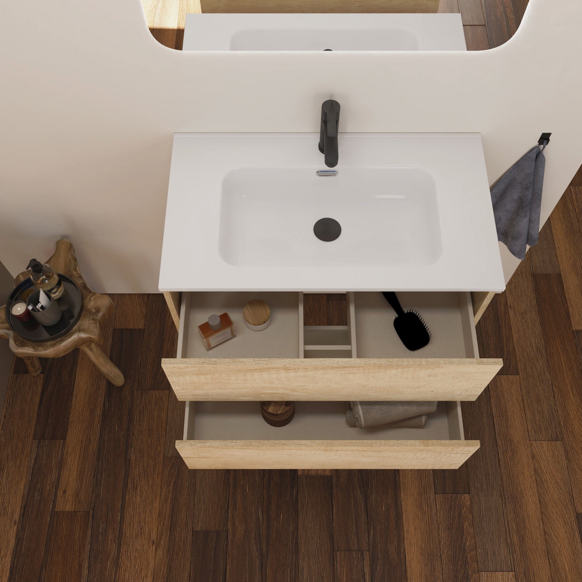 Optimus Noir 600mm Wall Hung Vanity Unit + Basin - Natural Oak