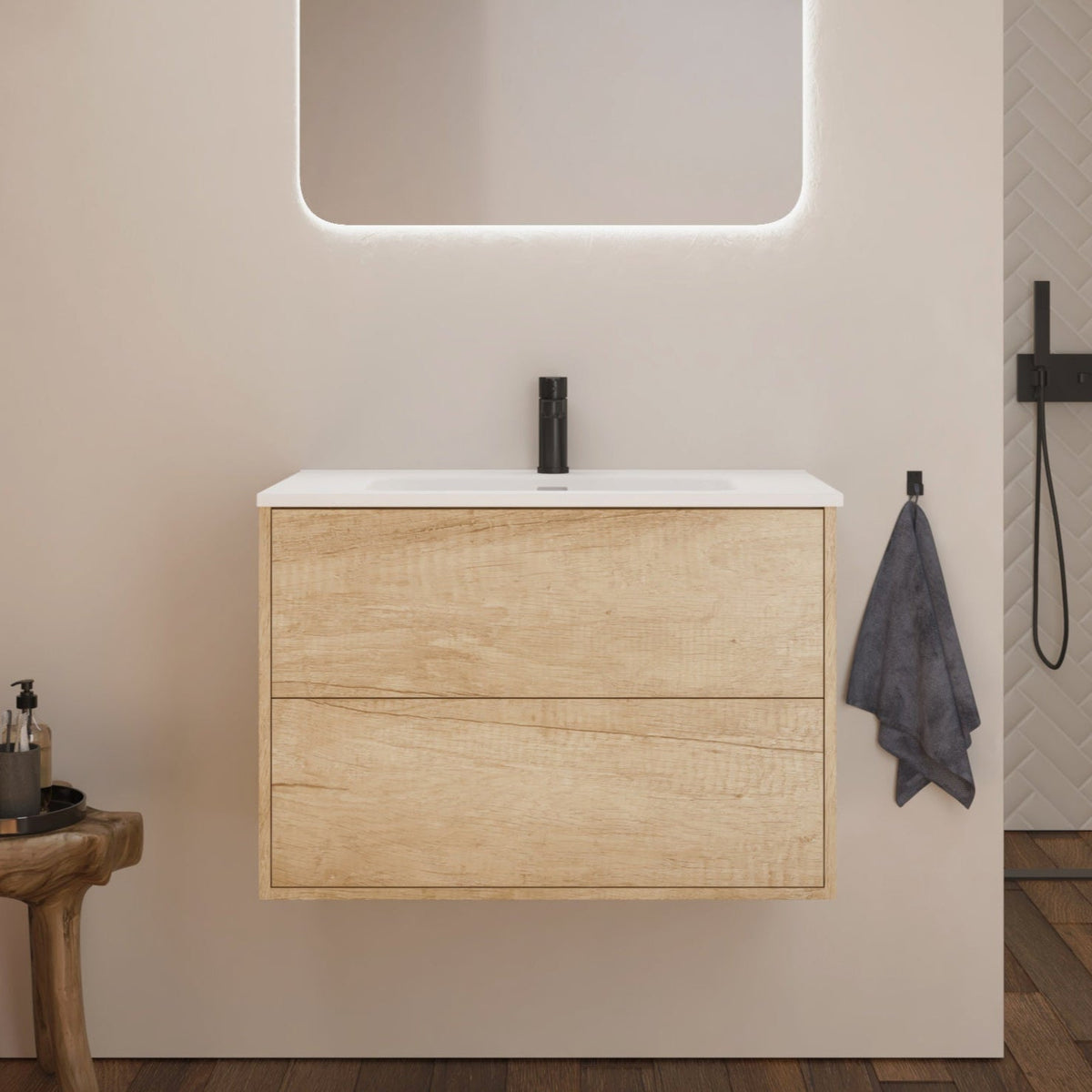 Optimus Noir 800mm Wall Hung Vanity Unit + Basin - Natural Oak