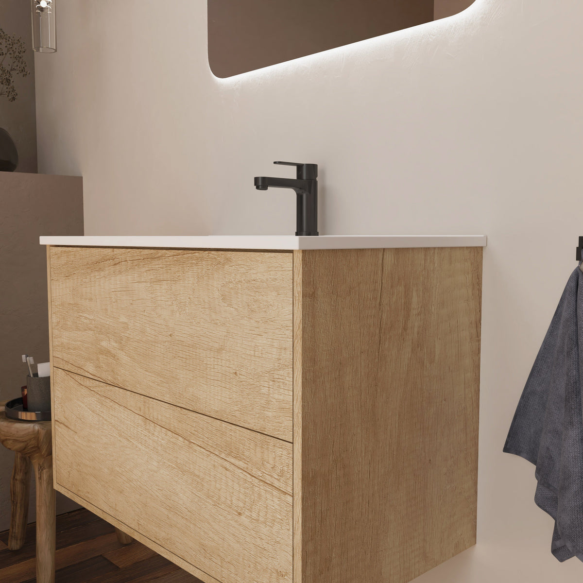 Optimus Noir 800mm Wall Hung Vanity Unit + Basin - Natural Oak