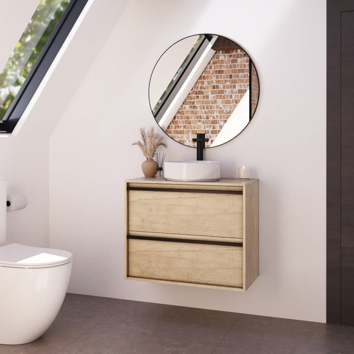 Mattila Noir 800mm Wall Hung Vanity Unit with Matt Black Handles - Rustic Oak