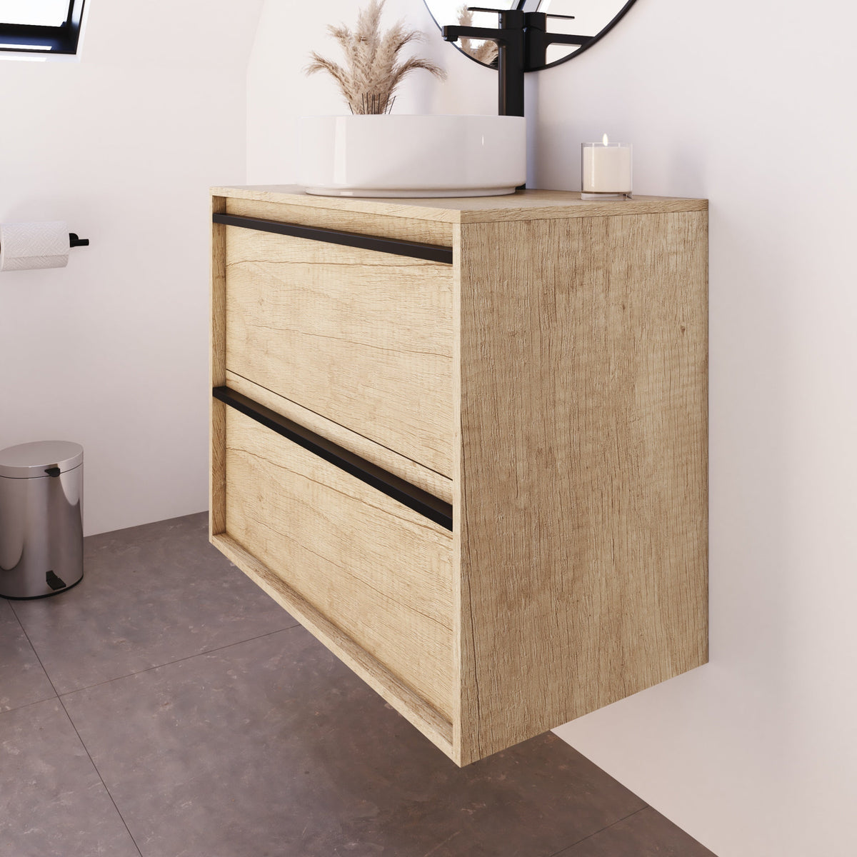 Mattila Noir 800mm Wall Hung Vanity Unit with Matt Black Handles - Rustic Oak
