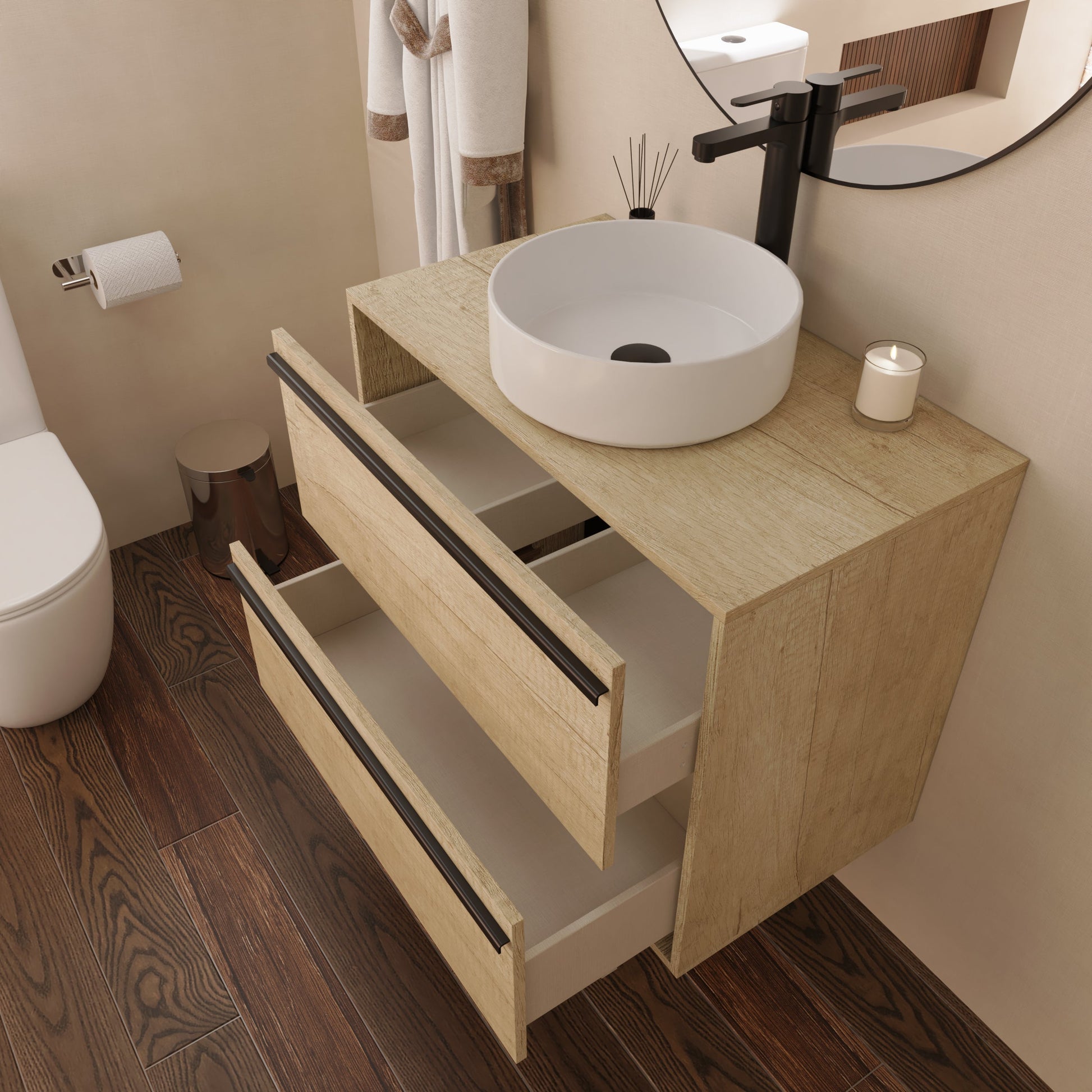Mattila Noir 800mm Wall Hung Vanity Unit with Matt Black Handles - Rustic Oak