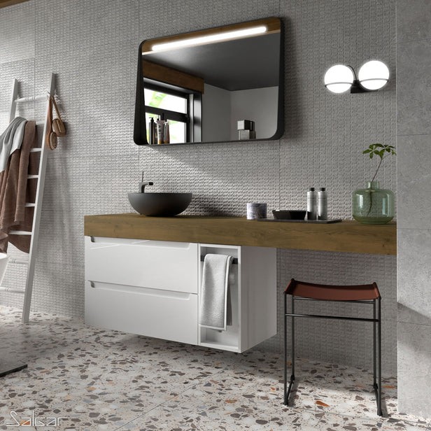 APOLLO Noir 800mm Black Mirror with Shelf & LED Light - Horizontal Black