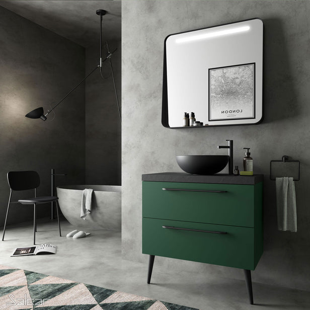 APOLLO Noir 800mm Black Mirror with Shelf & LED Light - Horizontal Black