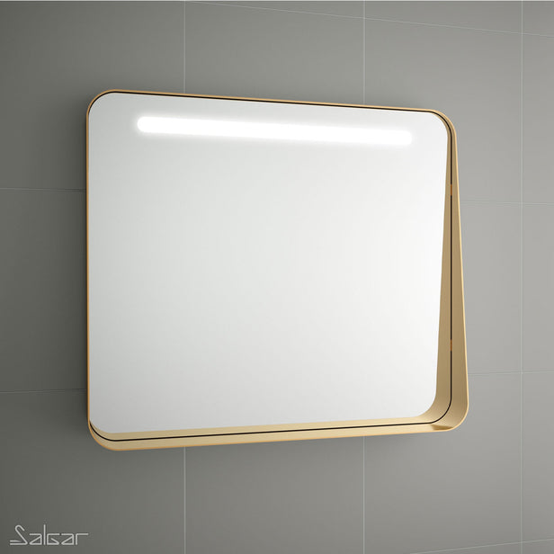 APOLLO Noir 800mm Brushed Brass Mirror with Shelf & LED Light