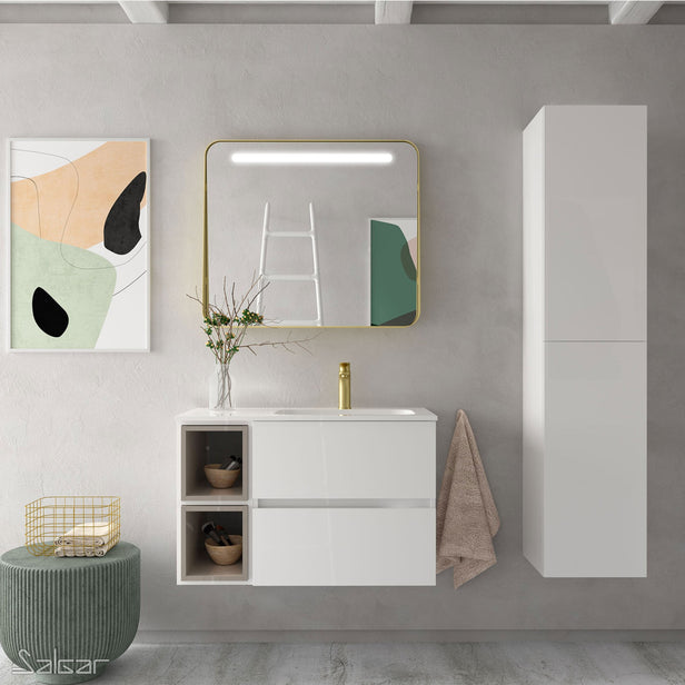 APOLLO Noir 800mm Brushed Brass Mirror with Shelf & LED Light
