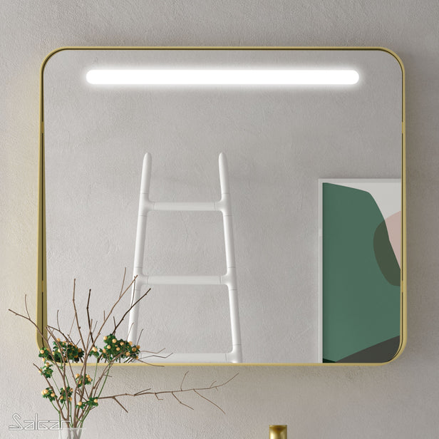 APOLLO Noir 800mm Brushed Brass Mirror with Shelf & LED Light