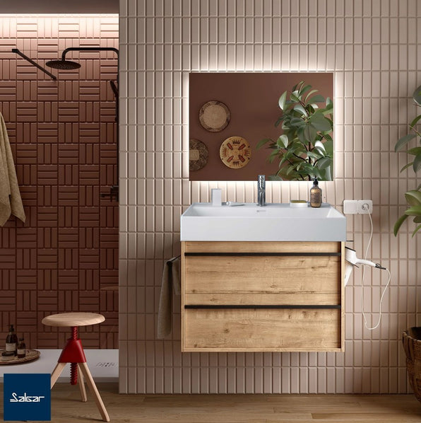 Attila Noir 600mm Wall Hung Vanity Unit with Matt Black Handles - Ostippo Oak + Veneto Basin