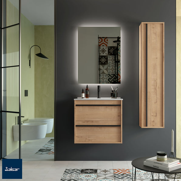 Attila Noir 600mm Wall Hung Basin Unit with Matt Black Handles - Ostippo Oak