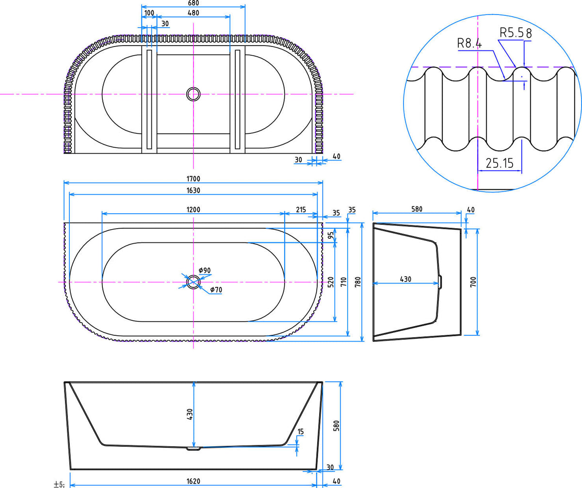 Legacy Labyrinth Fluted Back to Wall Bath
