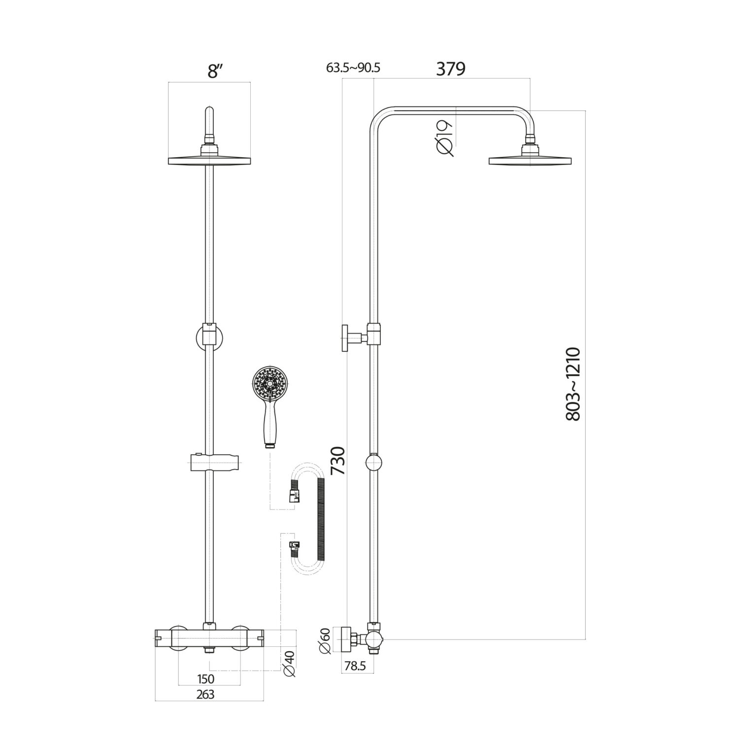 Raven Noir Black Round Rigid Riser Shower with Round Handset
