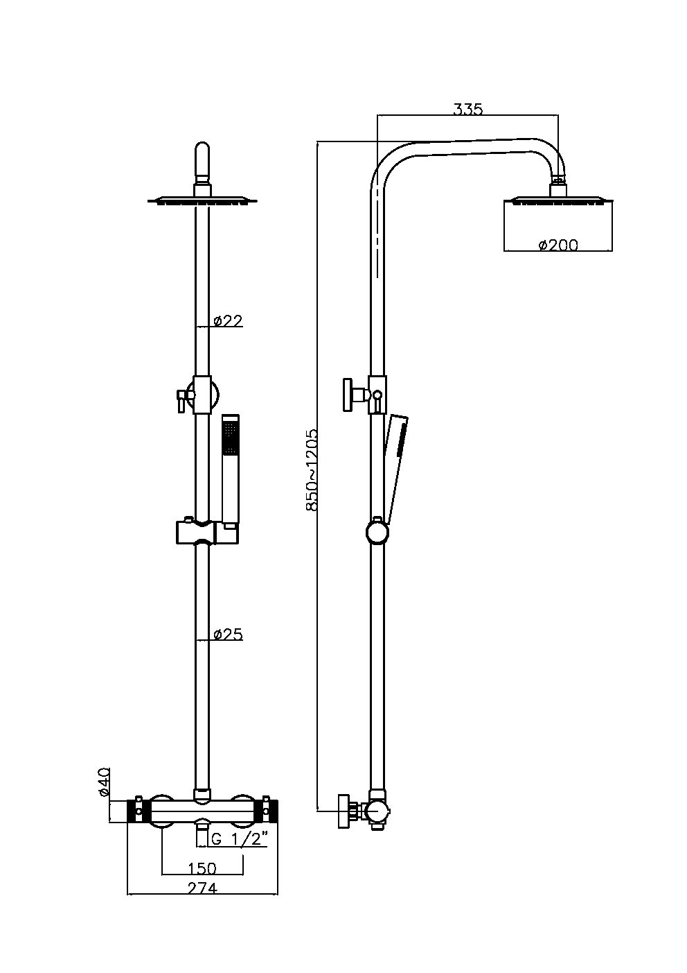Raven Noir Black Round Rigid Riser Shower with Handset