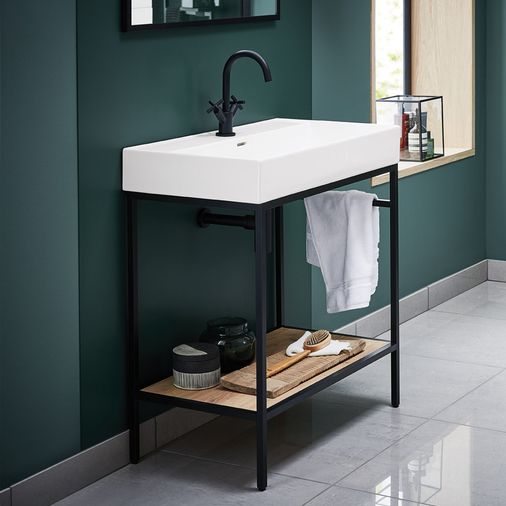 Black Vinci Noir 600mm frame Unit with Oak Shelf & Basin - 600mm x 460mm - Salgar