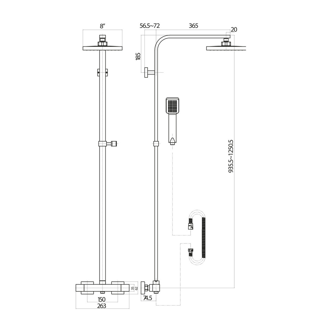 Raven Noir Black Square Rigid Riser Shower with Handset