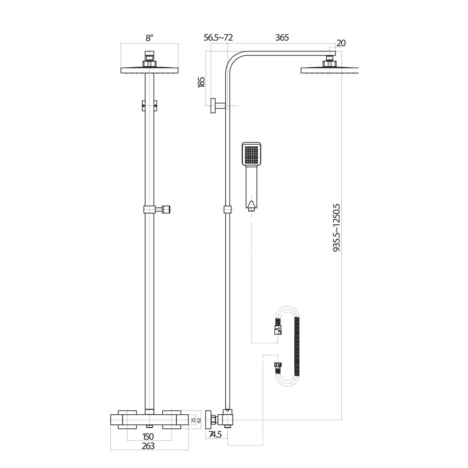 Raven Noir Black Square Rigid Riser Shower with Handset