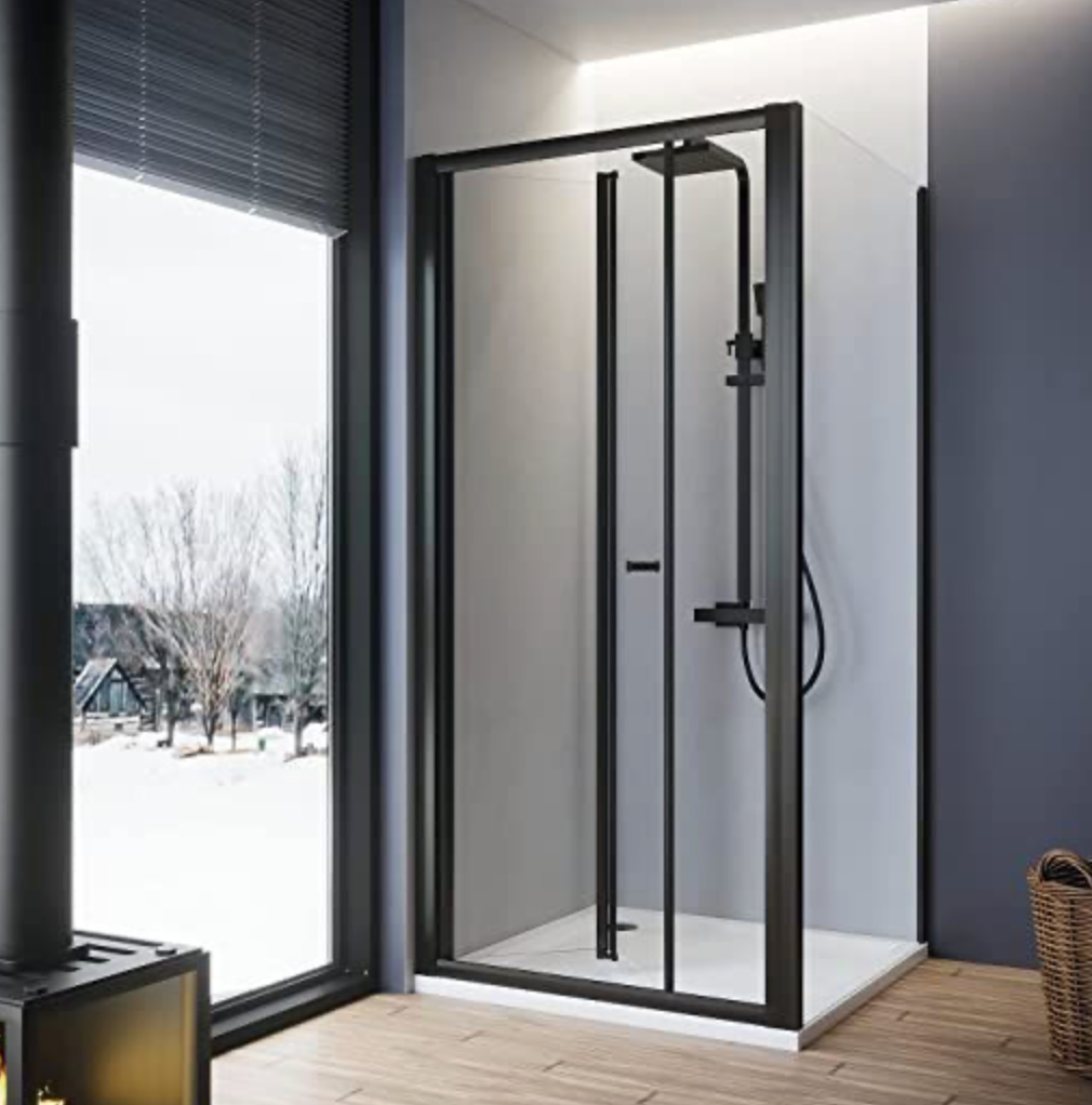 NILE Black Bi-Fold Shower Enclosure 860mm with 760mm Side Panel