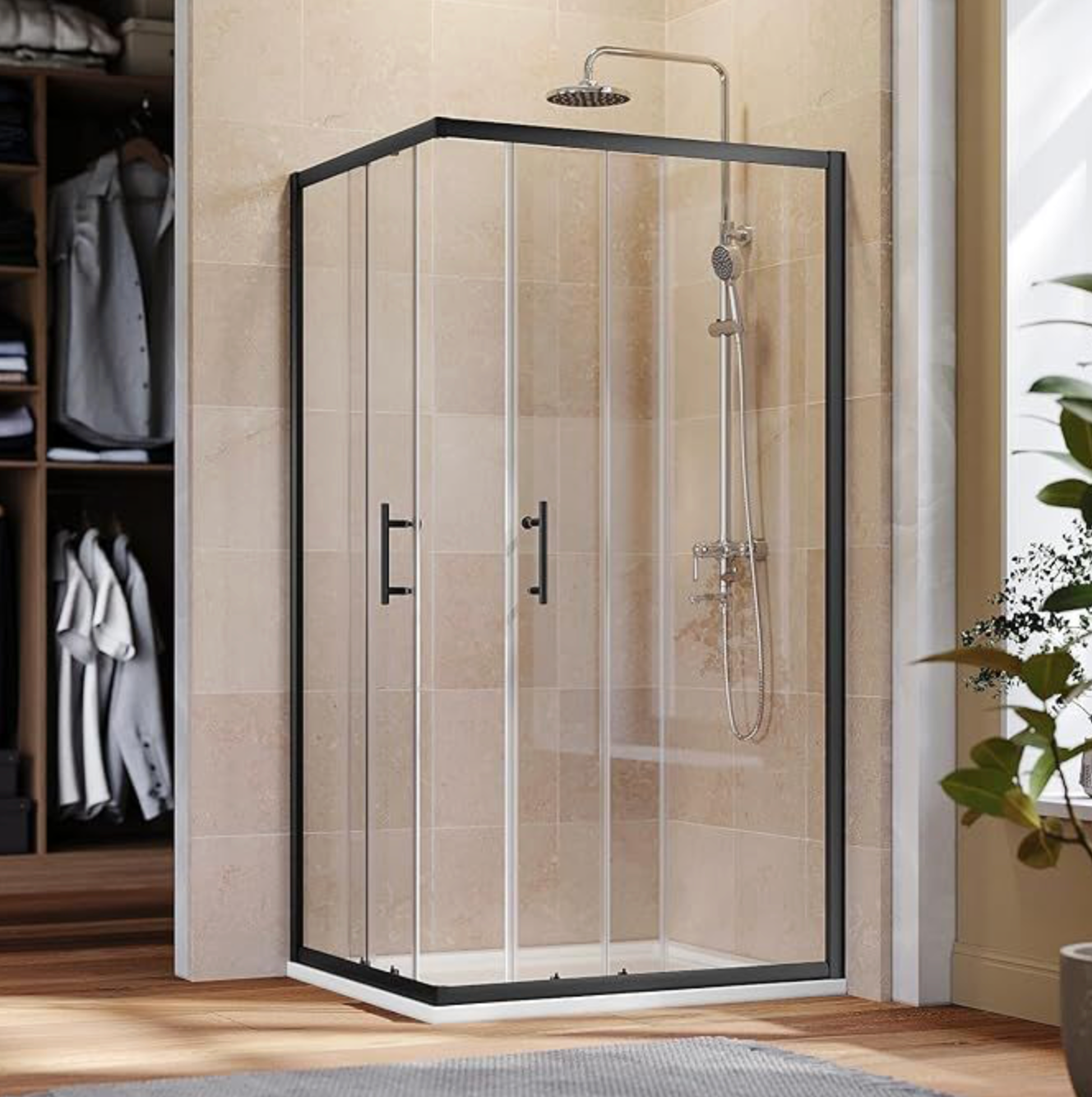 NILE Black Corner Entry Shower Enclosure 6mm Tempered Glass Sliding Shower Cubicle 800mm