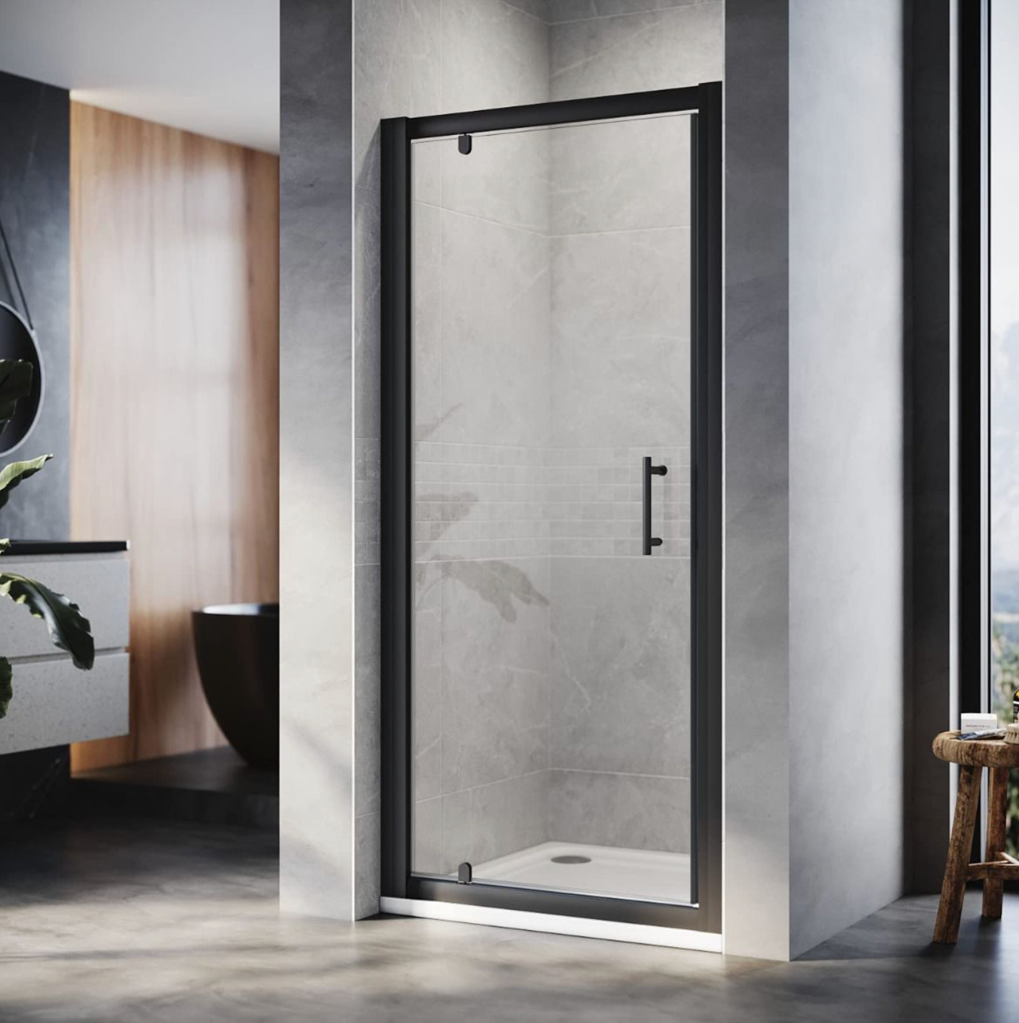 NILE Black Pivot Hinge Shower Enclosure 6mm Glass Reversible Cubicle Door 700mm with 900mm x 700mm Shower Tray