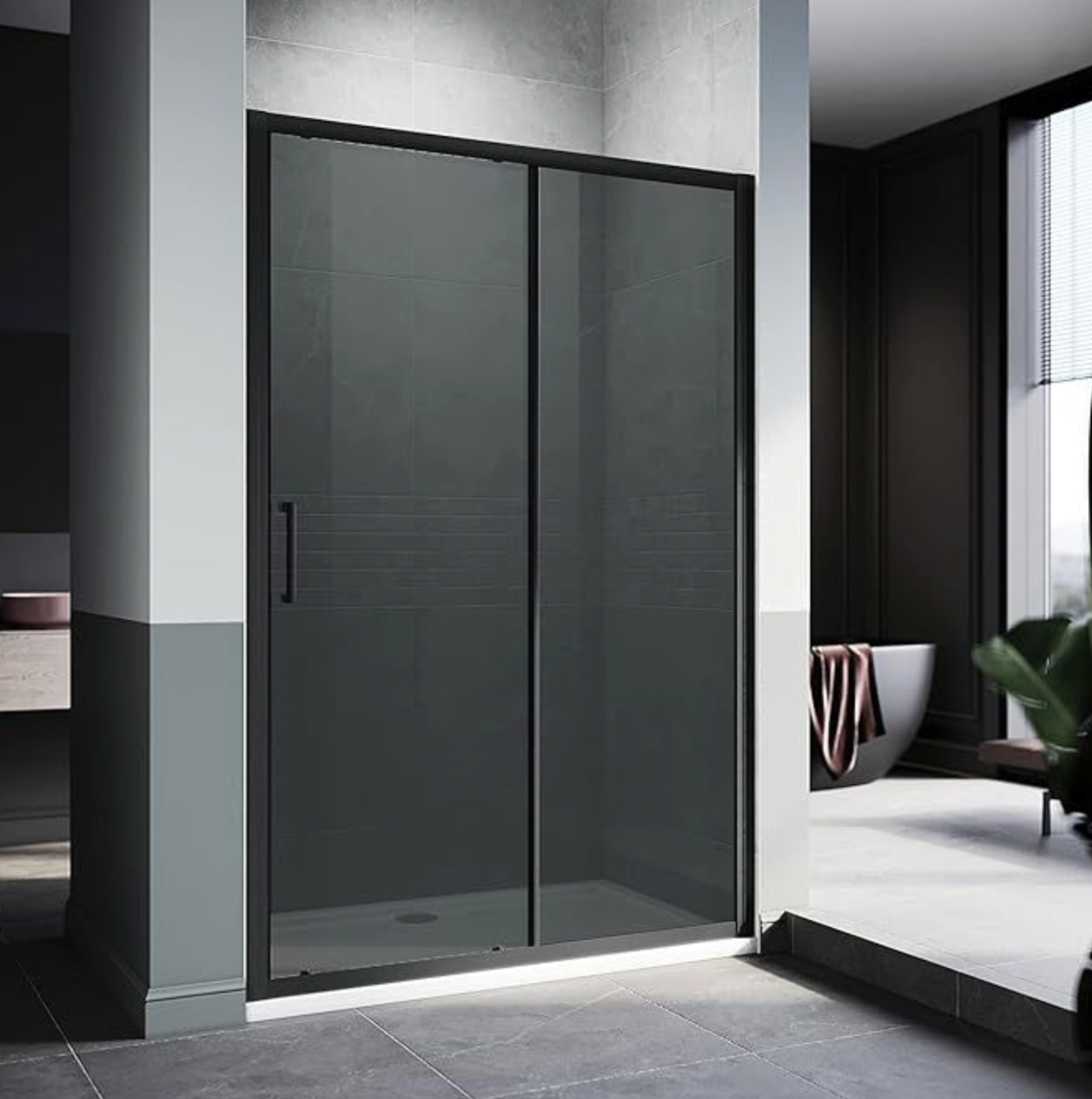 NILE Black Sliding Door 8mm Easy Clean Nano Glass Shower Screen 1100mm with 1100mm x 760mm Shower Tray